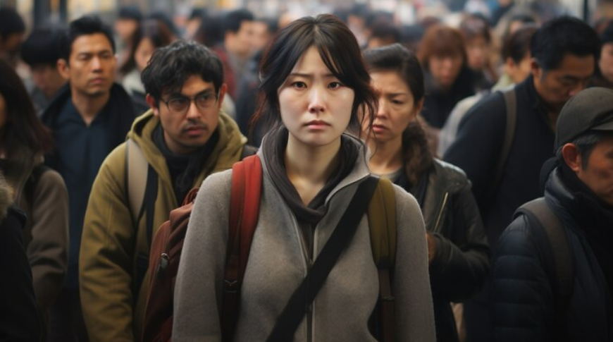 Free AI Image Depressed person standing in the crowd